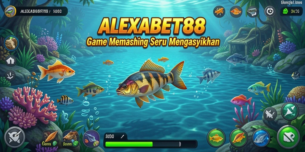 Screenshot gameplay ALEXABET88 menampilkan pemain yang menangkap ikan di danau biru yang indah.