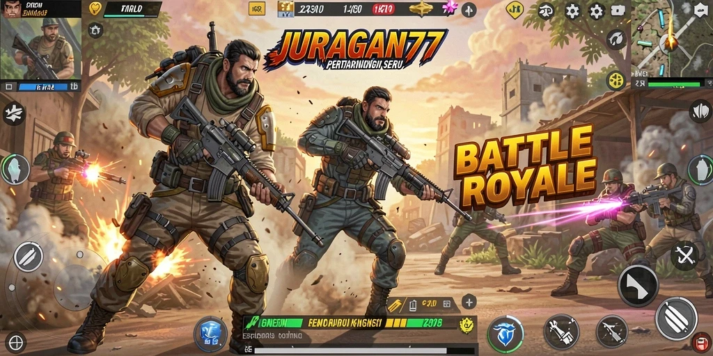 Tampilan gameplay menegangkan dari JURAGAN77 dalam suasana Battle Royale.