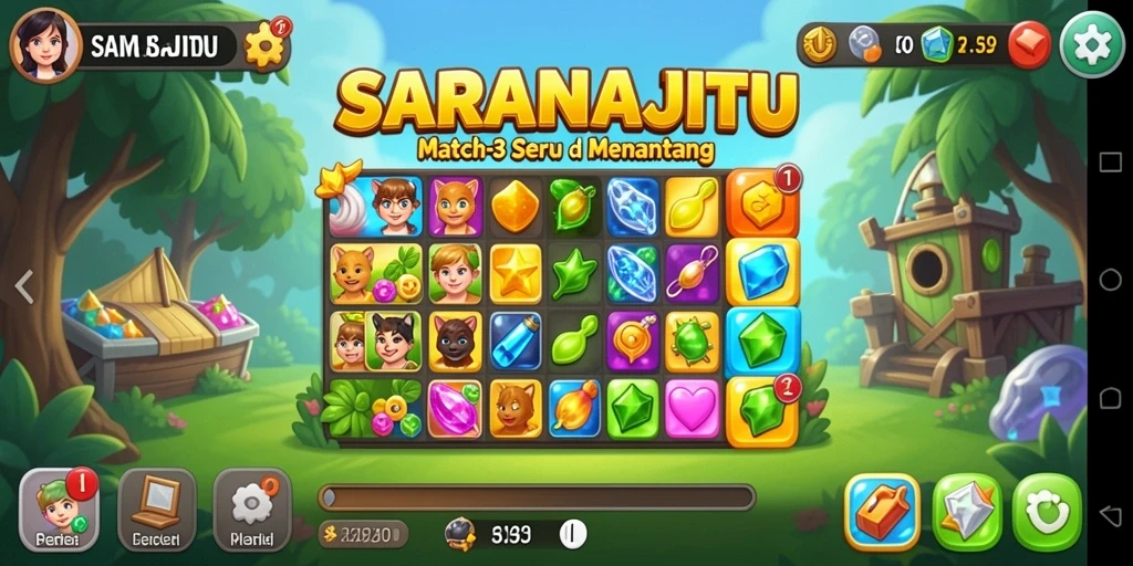 Tampilan gameplay seru di SARANAJITU dengan elemen Match-3 yang berwarna.