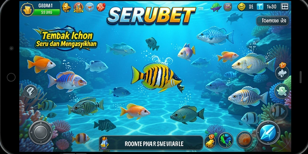 Tangkapan layar gameplay SERUBET yang menampilkan aksi menembak ikan.