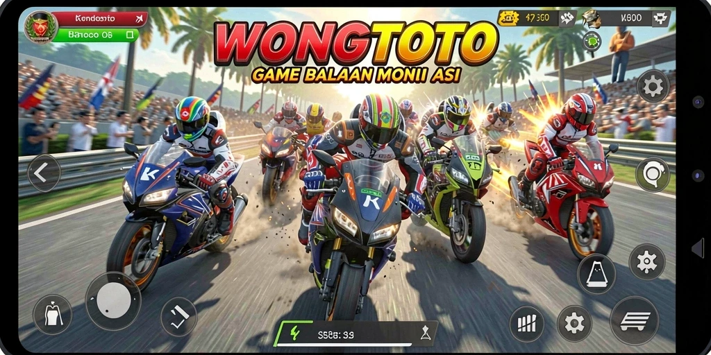 Tampilan gameplay seru di WONGTOTO dengan balapan motor mendebarkan.